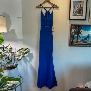 Blue Strappy V-Neck Evening Gown - Women's Dress